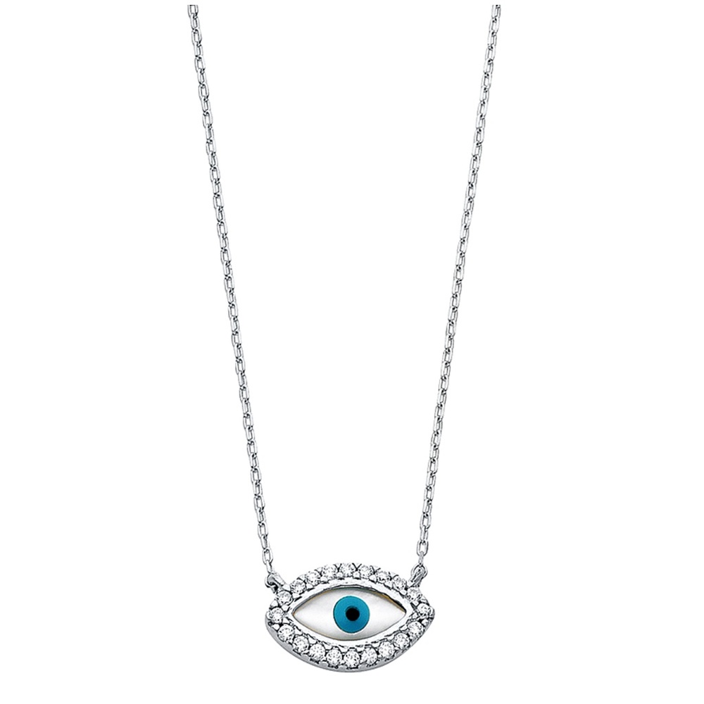 14K White Gold CZ Evil Eye Necklace - 17+1"